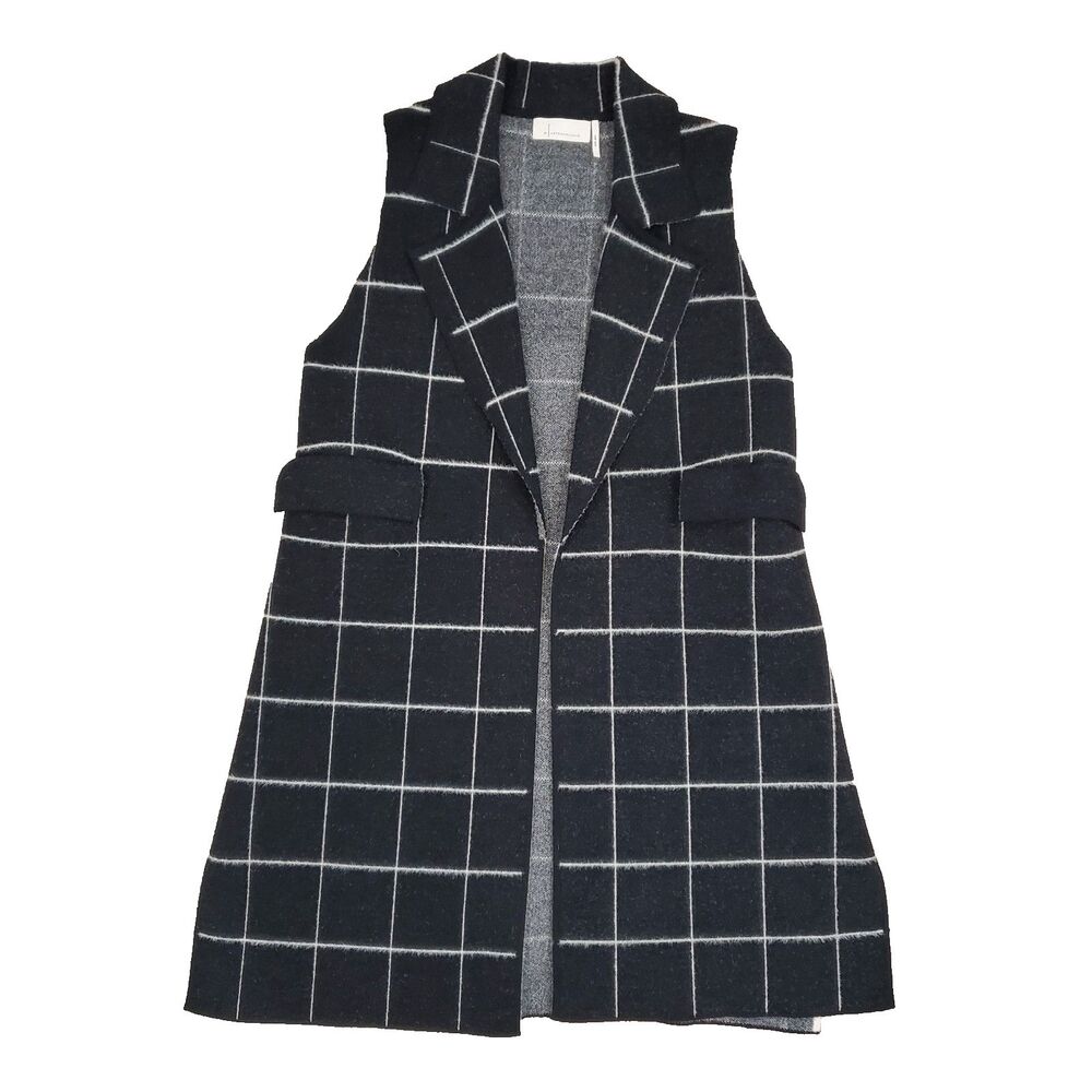 by Anthropologie Checkered Plaid Open Front Long Sweater Vest OS Preppy Career
